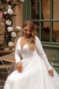 Plus Size Wedding Dresses with Satin Full Sleeve A Line Sweep Train Bridal Gowns for Women Satin