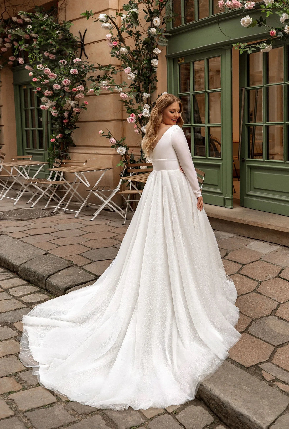 Plus Size Wedding Dresses with Satin Full Sleeve A Line Sweep Train Bridal Gowns for Women Satin