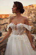 Attractive A-line Wedding Dress Strapless Tulle Off the Shoulder Brush Train Lacing Up Satin