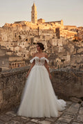 Attractive A-line Wedding Dress Strapless Tulle Off the Shoulder Brush Train Lacing Up Satin