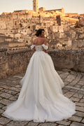 Attractive A-line Wedding Dress Strapless Tulle Off the Shoulder Brush Train Lacing Up Satin