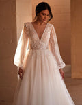 Elegant Wedding Dresses A-Line Tulle Bridal Gowns Long Puff Sleeves Sexy Robes Deep V-Neck Vestidos De Novia Satin
