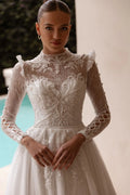 Graceful A Line Wedding Dresses Elegant Appliques High Neck Bride Gowns Illusion Long Sleeve Customized Vestidos De Novia Satin