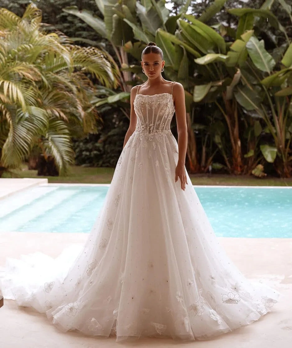 Square Neck Sexy Princess Style Wedding Dresses Sweetheart A-Line White Bridal Gowns Customized Satin