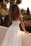 Floor-Length Floral Appliques Strapless Wedding Dress Lace A-Line Bridal Dress Satin