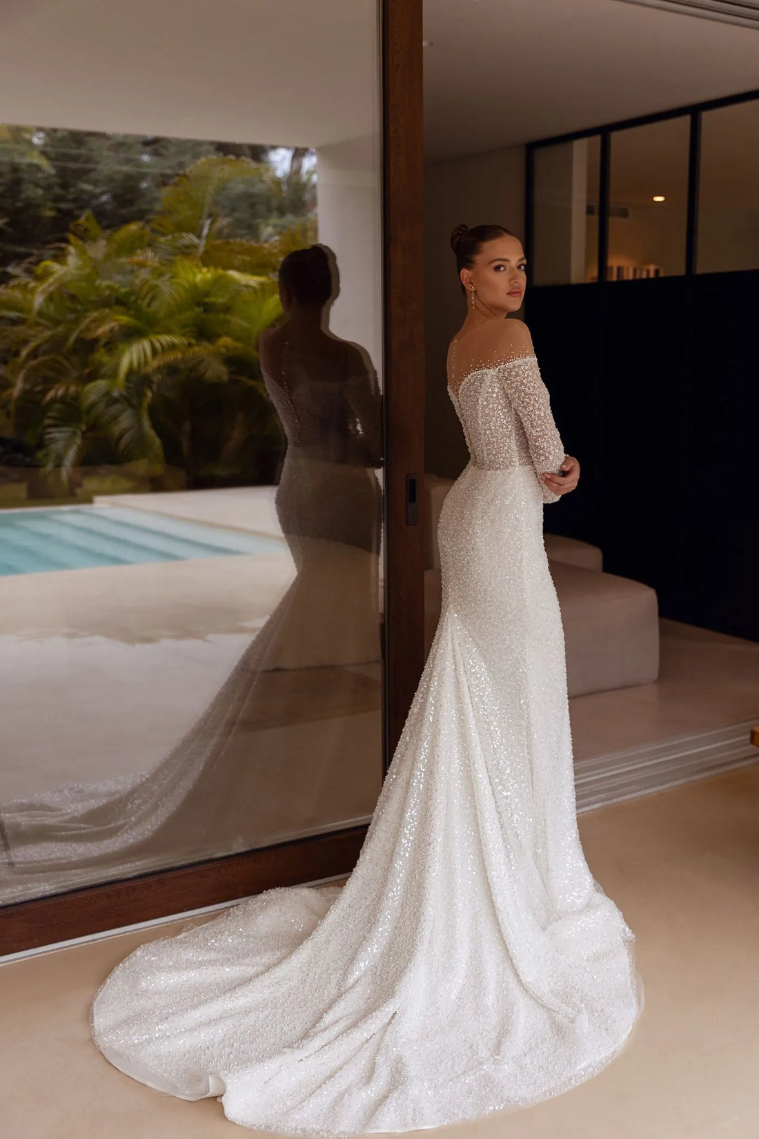 Mermaid Luxury Wedding Dresses O-Neck Long Sleeve Vestido De Novia Lace Sequined Sexy Custom Made Robe De Mariee Satin