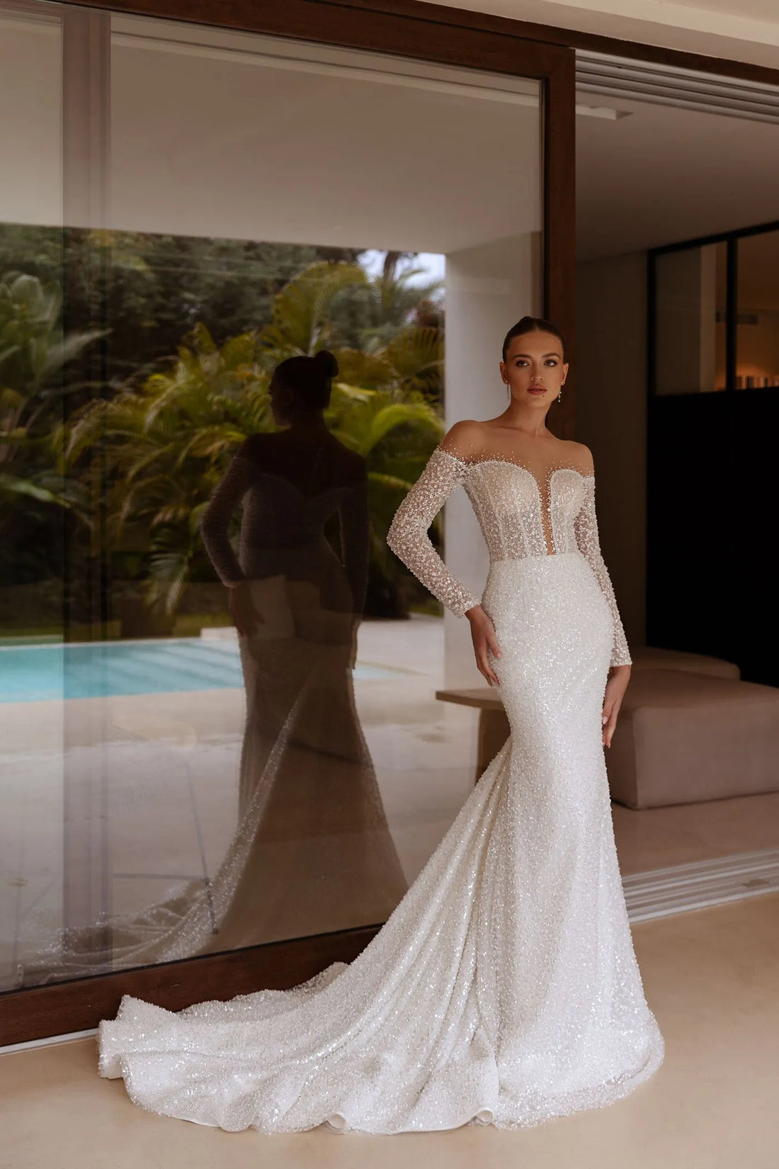 Mermaid Luxury Wedding Dresses O-Neck Long Sleeve Vestido De Novia Lace Sequined Sexy Custom Made Robe De Mariee Satin