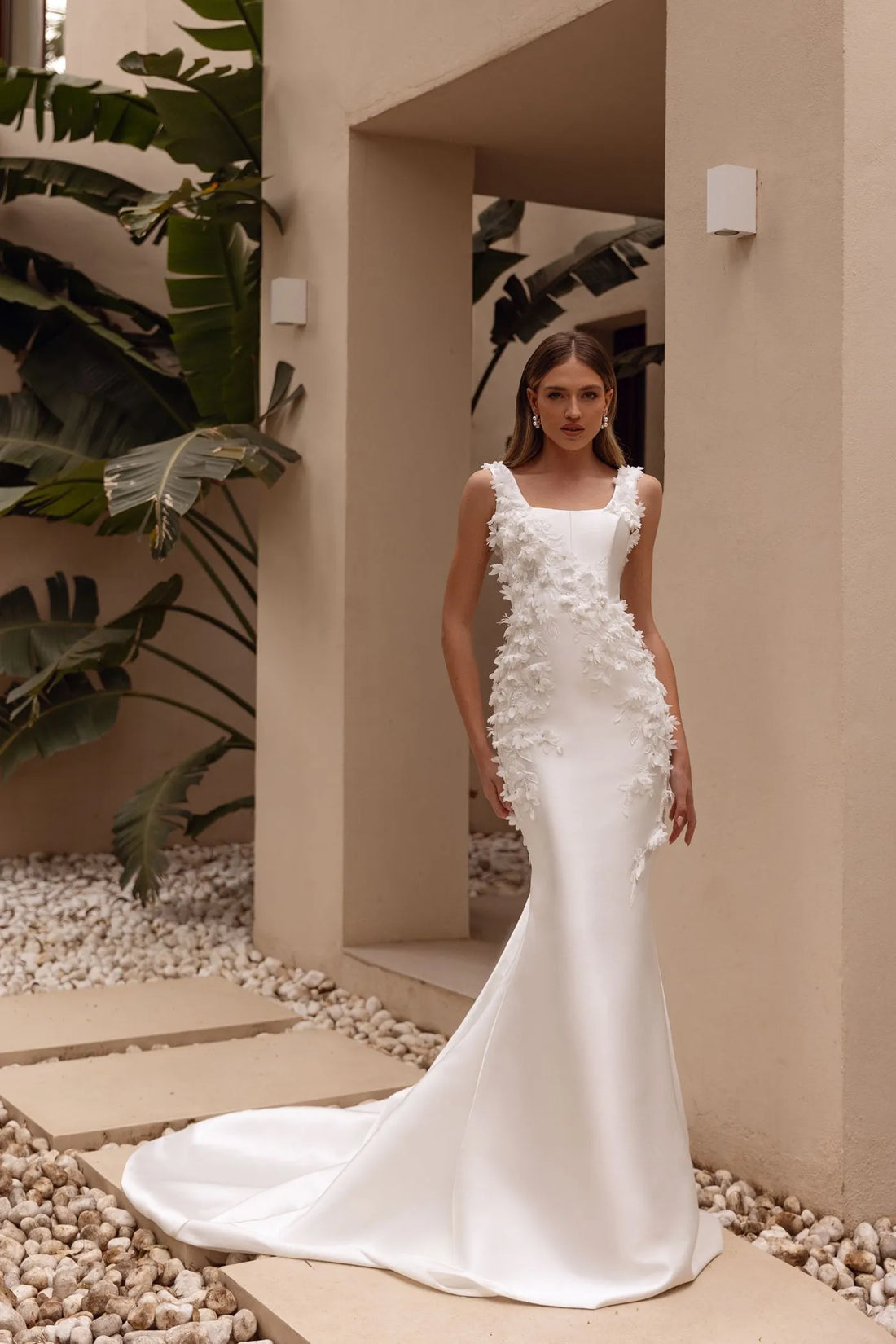 Square Neck Wedding Dress Elegant 3D Appliques Customized Bride Satin Bridal Gown Vestido De Novia Satin