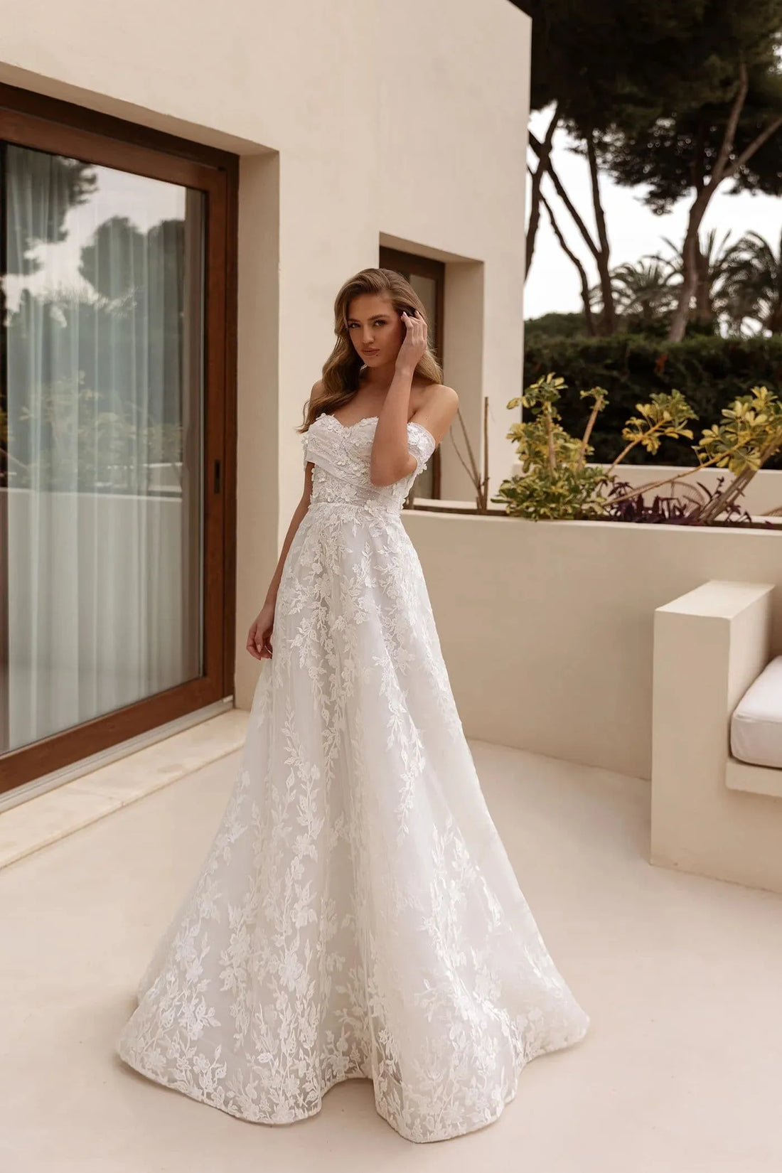 Floral Appliques Bride Dress, A Line Wedding Dresses for Women, Off the Shoulder, Bridal Gown Satin