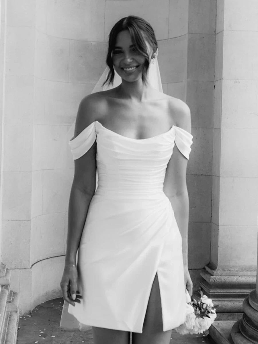 Amour Simple Mini tache plissée hors de l'épaule robe de mariée courte au-dessus du genou dos nu côté Slipt robes de mariée Vestido de novia