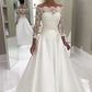 Classic Satin A Line Wedding Dresses Off Shoulder Long Sleeve Button Back Vestido De Novia Bridal Gowns Wedding Gowns