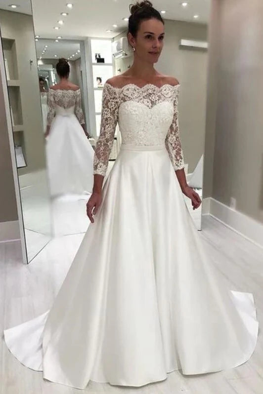 Vestidos De Novia clásicos De satén con hombros descubiertos, manga larga con botones en la espalda, vestidos De Novia, vestidos De Novia