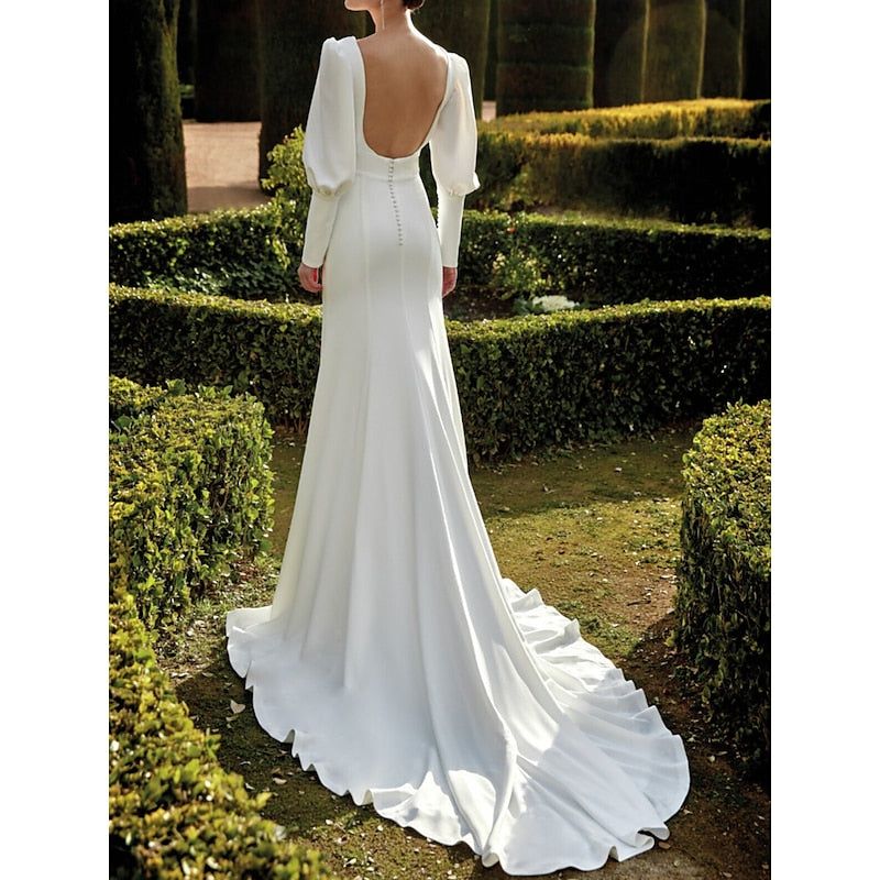 Oyisha abiti da sposa in raso elegante sweep treno sirena manica lunga scollo a V sexy con abito da sposa da sposa spinto senza schienale