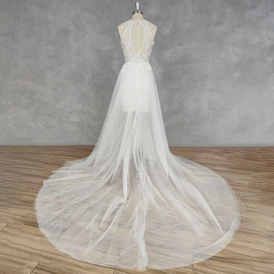 O-Neck Appliques Sheath Short Wedding Dress Detachable Train Cut Out Back Above Knee Mini Bridal Gown