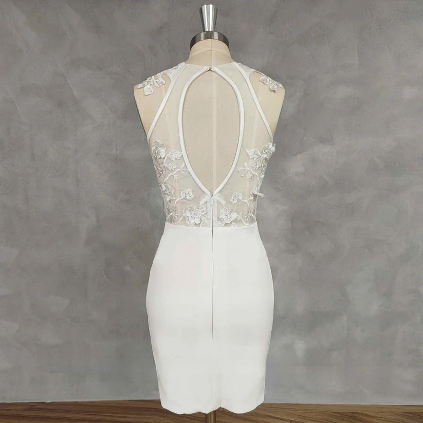 O-Neck Appliques Sheath Short Wedding Dress Detachable Train Cut Out Back Above Knee Mini Bridal Gown