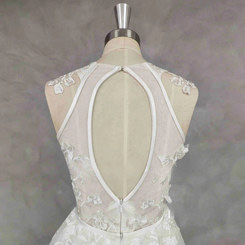 Robe de mariée courte fourreau avec des Appliques, col rond, traîne détachable, dos découpé au-dessus du genou, Mini robe de mariée