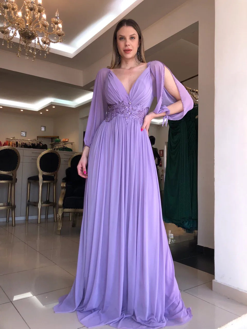 Elegant Lavender فساتين سهره فاخره Cape Sleeve A-line Vestidos De Noche Gliiter Sequins On Chest Prom Dresses PURPLE