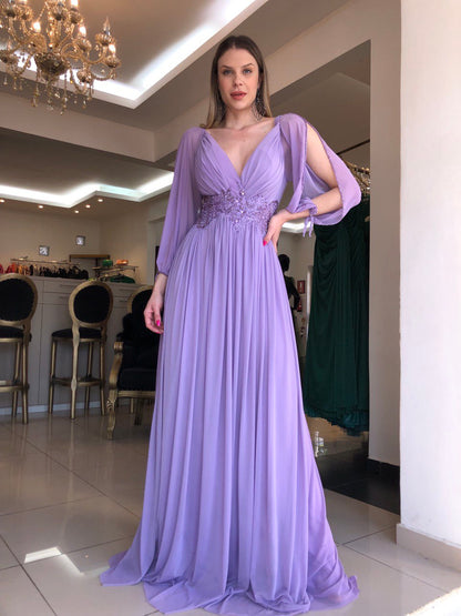 Elegant Lavender فساتين سهره فاخره Cape Sleeve A-line Vestidos De Noche Gliiter Sequins On Chest Prom Dresses