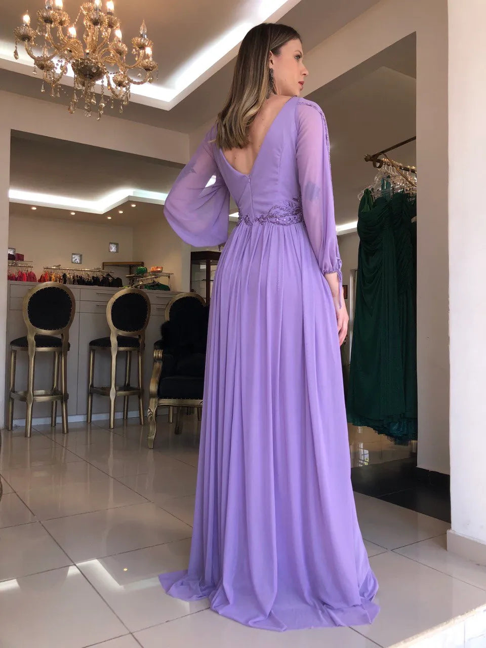 Elegant Lavender فساتين سهره فاخره Cape Sleeve A-line Vestidos De Noche Gliiter Sequins On Chest Prom Dresses PURPLE
