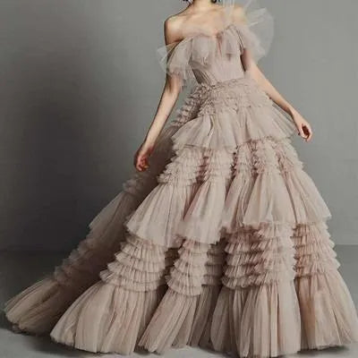 Luxury Champagne Ball Gown فساتين السهرة Grace Puffy Multi-layer Prom Dresses Handmade Sleeveless Vestidos De Noche as pic