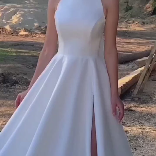 Vestido de novia elegante con cuello Halter y perlas, sin mangas, con abertura larga y lazo en la espalda, corte en A, vestido de novia sencillo con manchas 