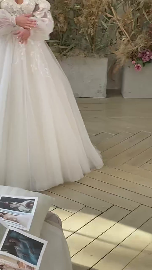 Mimpi di luar bahu renda glitter tulle gaun pengantin panjang lengan puff 3d bunga boho gaun pengantin vestidos de novia