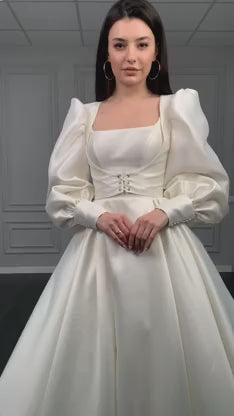 Robes De mariée gracieuses en Satin avec manteau détachable, col carré, manches longues bouffantes 