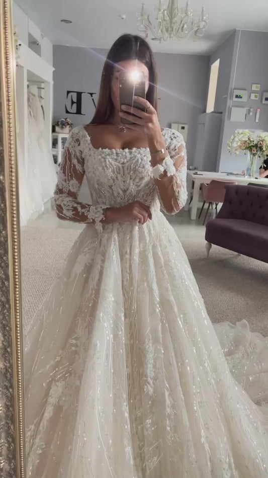 Lace Princess Brautkleider Langarm von den Schulter Applikationen Braut Kleid Vestidos de Novia Hochzeitsballkleider