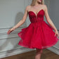 A Line Red Shiny Mini Wedding Dresses Sweetheart Detachable Sleeves Bridals Gowns Tiered Tulle Bride Party Dresses