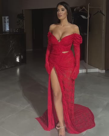 Vestidos largos de fiesta de encaje rojo dramático, vestido de fiesta de sirena con abertura larga, vestido de fiesta Formal personalizado 2024