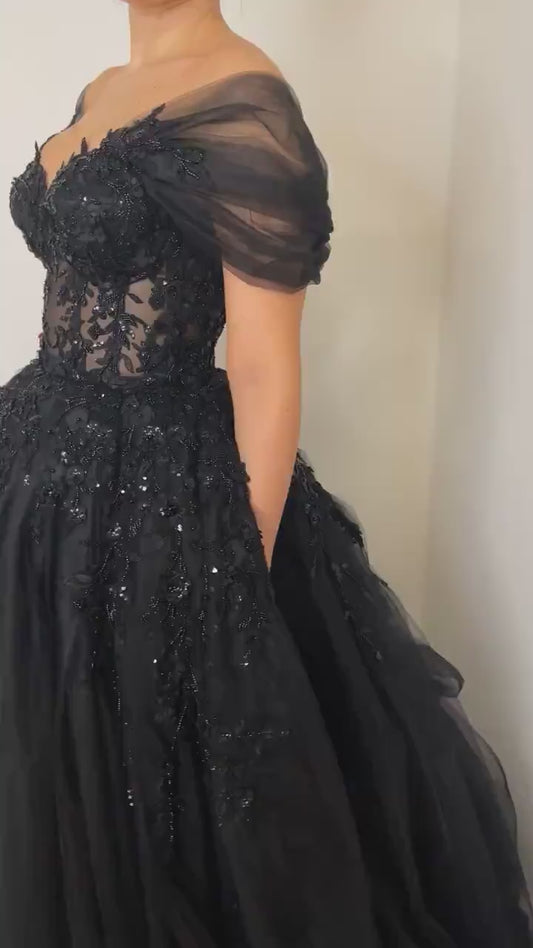 Vestido de fiesta negro, vestido de fiesta de tul, elegante bordado de encaje فساتين السهرة Vestido de noche sexy con cuello en V y hombros descubiertos