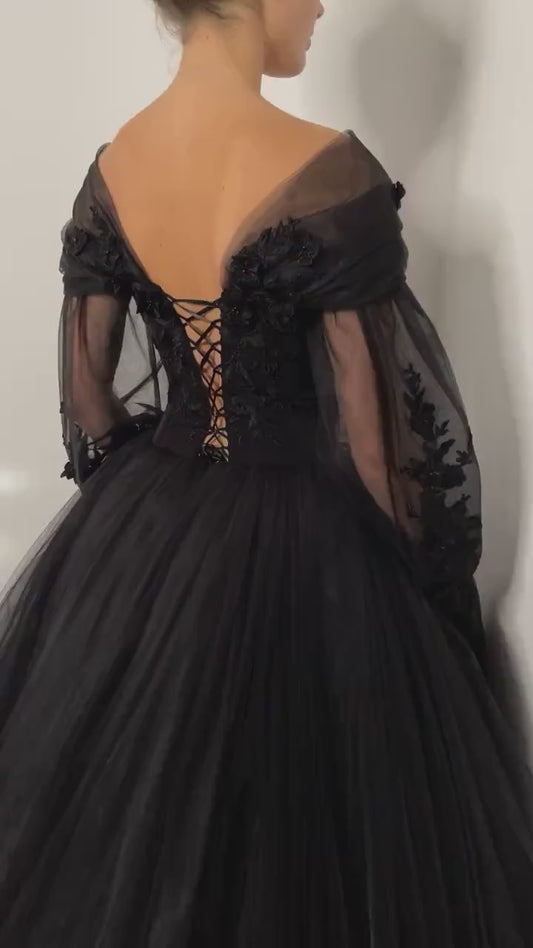 Black Evening Dresses Goethe Lace Applique Tulle Off Shoulder Puffy Full Sleeves A Line Long Chapel Train Party Prom Gowns