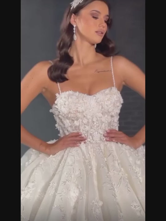 Abiti da sposa in pizzo glitter cinghie spaghetti con fiori 3d luccicanti abiti da sposa gonfio