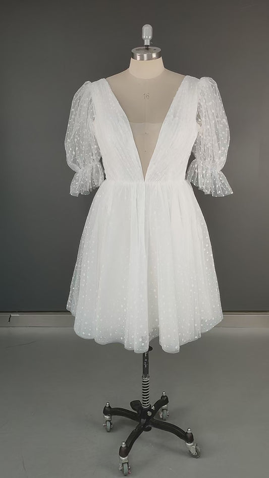 Mini robe de mariée courte en Tulle scintillant, manches bouffantes, col en V, dos nu, au-dessus du genou, robe de mariée brillante