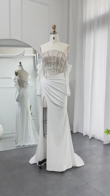 Robe de soirée blanche style sirène, tenue de bal de luxe, festonnée, fente haute, Sexy, dubaï, pour femmes, fête de mariage 