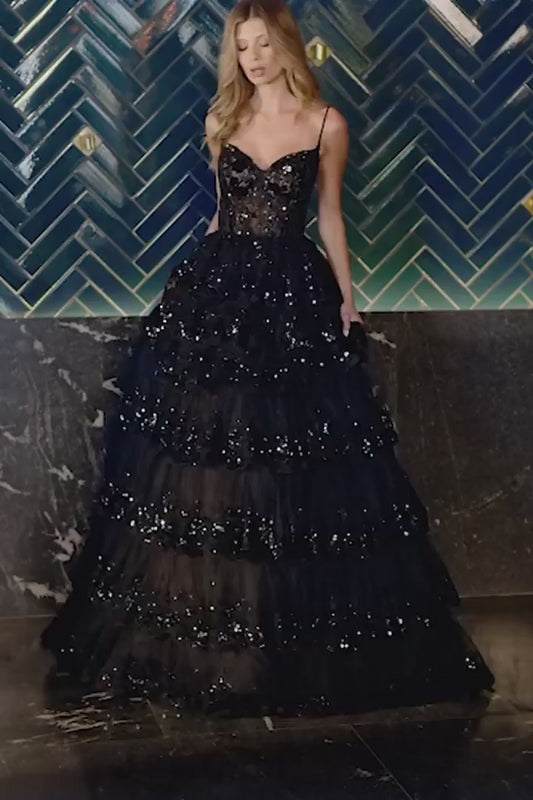 Black A-line Pleaded Prom Dress Spaghetti Strap Shiny Sequins فساتين السهرة Lace Waist tidos de noche