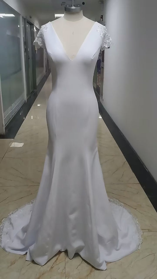 Sexy Meerjungfrau Hochzeitskleiderkappe Ärmeln Spitze appliziert offen gegen Back Boho Hochzeitskleid Lange Zug Braut Kleider