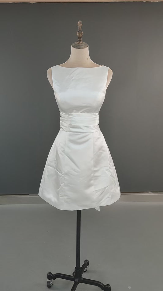 Mini vestidos de novia cortos de playa, vestidos de novia blancos simples con cuello redondo de satén sin mangas, espalda en V con lazo, Vestido De novia Cu