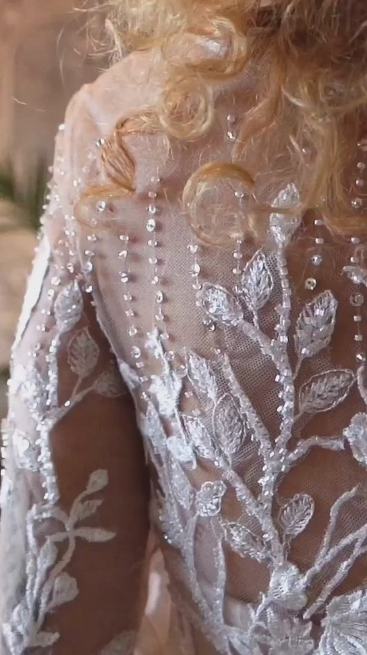 Robe De mariée trapèze élégante en dentelle, dos ouvert, col en v, manches longues, fente latérale, en Tulle, avec traîne De balayage