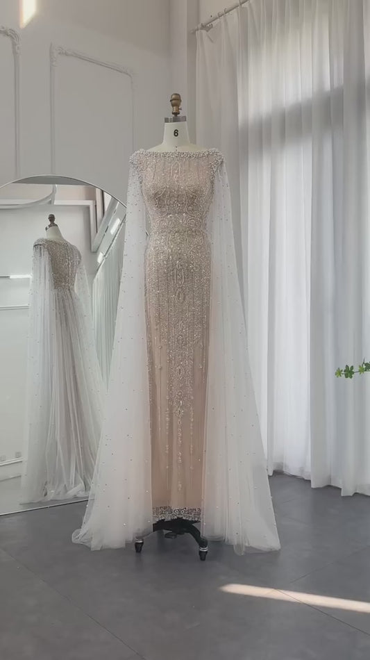 Luxus Dubai Weiß Nackt Meerjungfrau Abendkleid mit Umhanghärmen für Frauen Hochzeit arabische Brautpartykleider