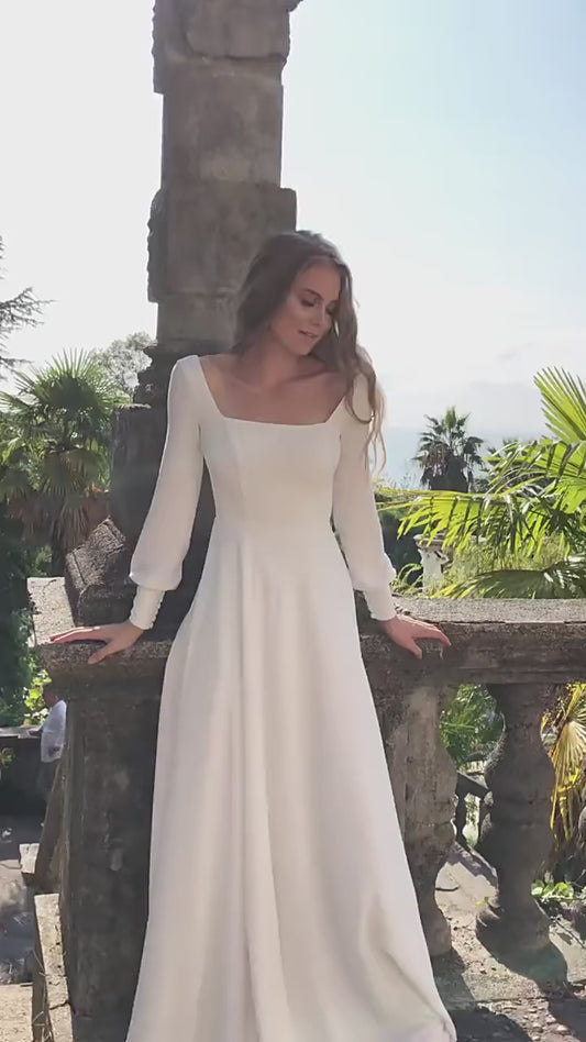 Elegant A-Line Wedding Dresses Women Square Collar Long Sleeve Open Back Satin Simple Bridal Gown Sweep Train Vestidos De Noiva