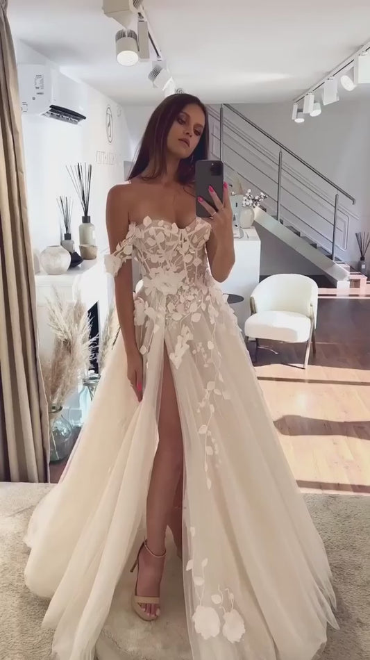 Abito da sposa a cuore bohémian lato diviso per le donne abiti da sposa 3d fiori 3d da spalla abito de mariee