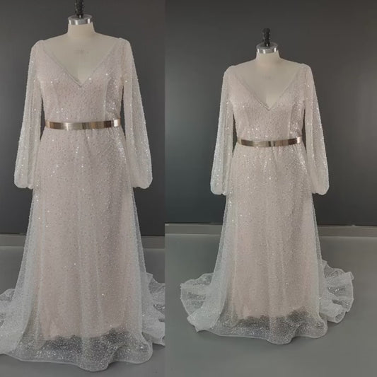 Vestidos de noiva de duas peças com gama de champanhe com casaco deatachável, mangas de mangas compridas e pescadas de pescoço de pescoço de pescoço