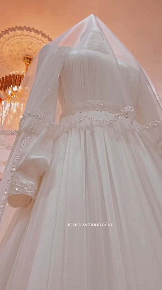 Elegante abito da sposa musulmano a maniche lunghe in chiffon con cape alto tallone di perle de soirée de mariage abito sposa Vestidos de nolia