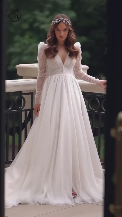 Fairy Elfenbein Eine Linie Hochzeitskleid Langarm V Hals Braut Kleid Puff Tulle Side Split Boho Hochzeitskleider