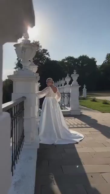 Vestidos de novia de talla grande, vestidos de novia de satén clásicos, mangas abullonadas, cuello en V, cuentas, lentejuelas, vestido de novia de línea A con bolsillos 