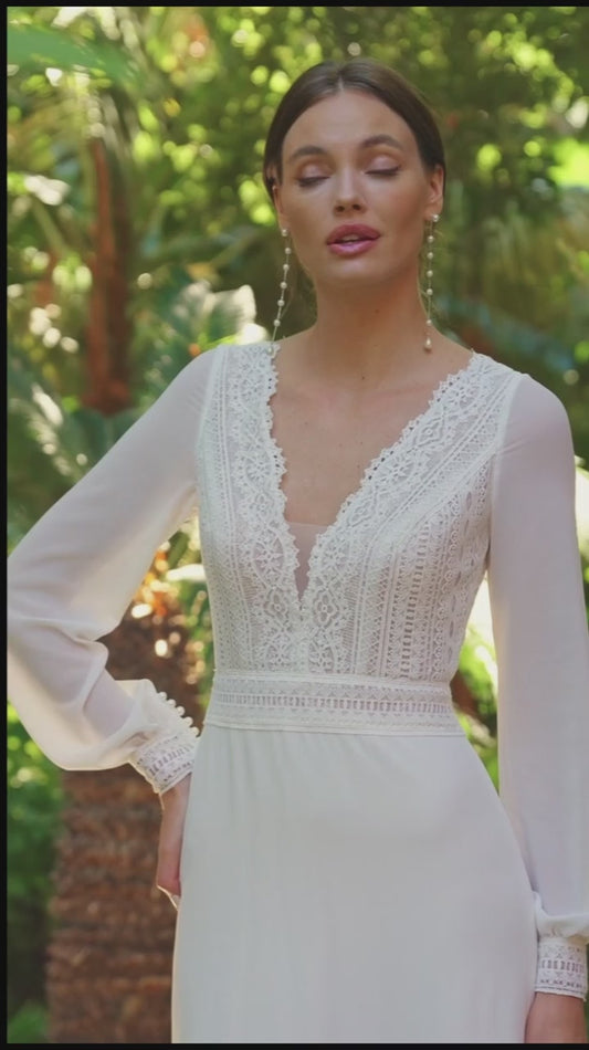 Gaun pengantin boho lengan panjang menawan v-neck renda backless chiffon gaun pengantin yang dapat dilepas kereta vestidos de novia