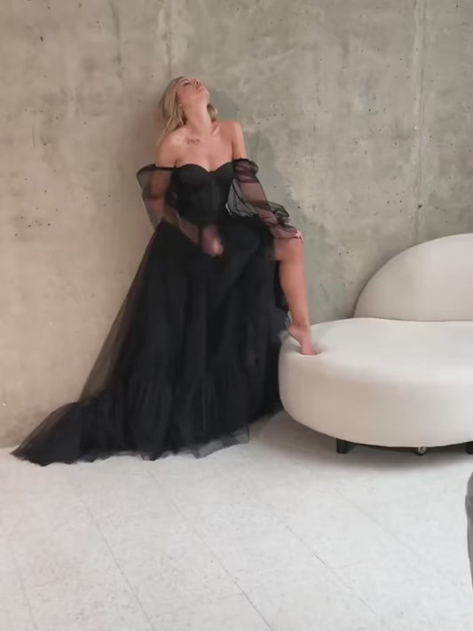 Cathy Black Off Shoulder Prom Dress 2023 Gothic Puffy Sleeve Party Dresses Tulle Sweep Train Evening Dress Sexy فستان سهرة