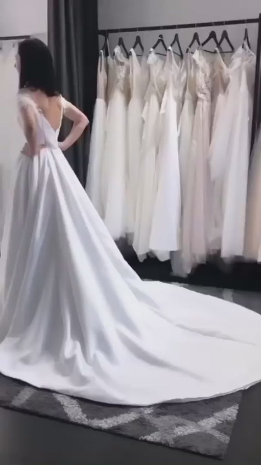 Vestido de novia de princesa, línea A, Apliques de encaje con cuentas, vestidos de novia con espalda de ilusión, vestido de fiesta, vestidos de boda de tren largo 