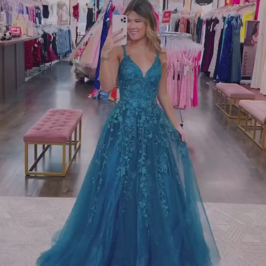 Vestidos de Noche azules, Apliques de encaje con brillos, tul con cuello en V, tirantes finos, línea A, corsé en la espalda, vestidos formales para fiesta y graduación